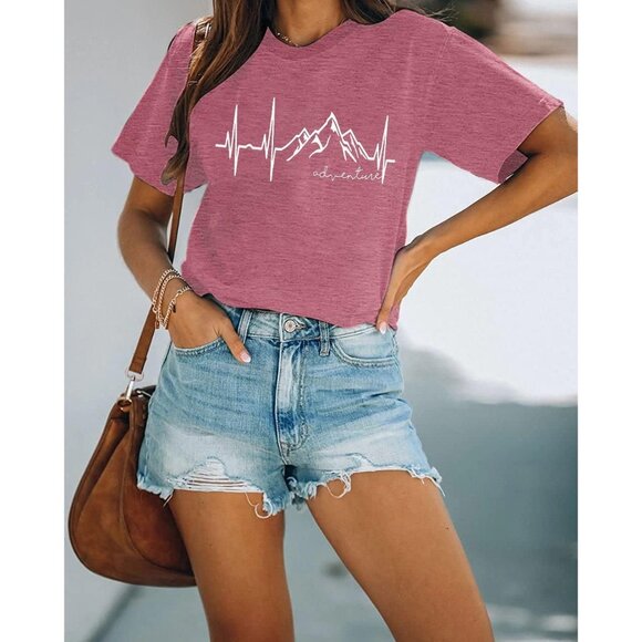 🆕Women Pink Cotton Blended Graphic T-Shirt Mountain Adventure Hiking - Picture 3 of 7